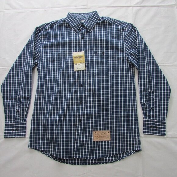 Wrangler Men's George Strait Long Sleeve Relaxed Fit Plaid Button Shirt Navy - Picture 2 of 3